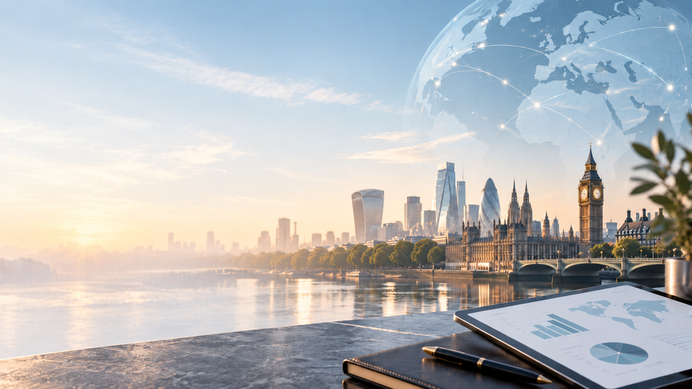 London skyline and global finance illustration for the FIG Claim Optimiser 2025/26