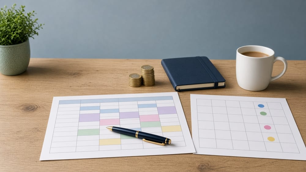 Staff rota and holiday planner on an office desk with a pen, pound coins, a notebook and a mug of tea