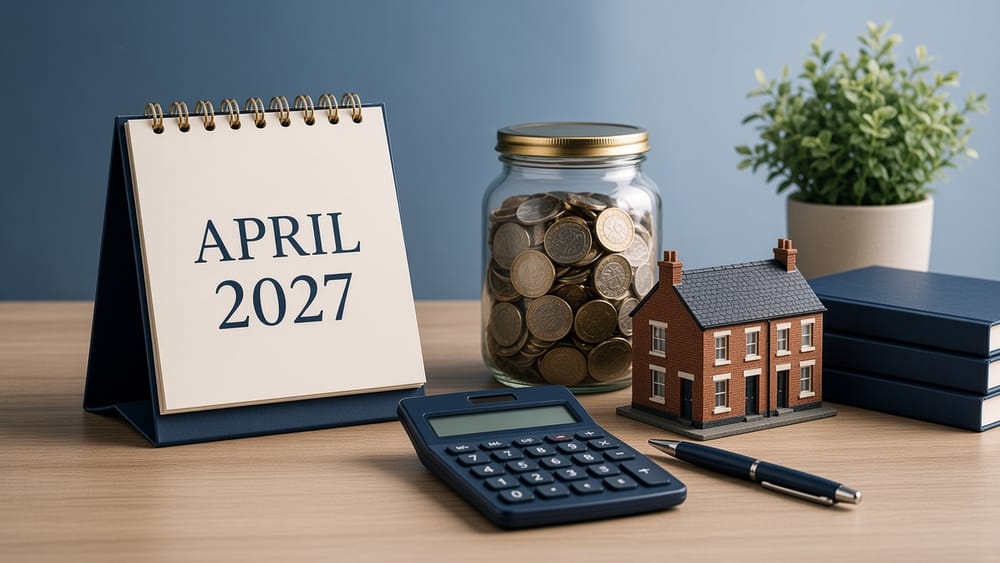 Desk with an April 2027 calendar, calculator, pen, jar of coins and a model house, representing the Budget 2026 tax changes