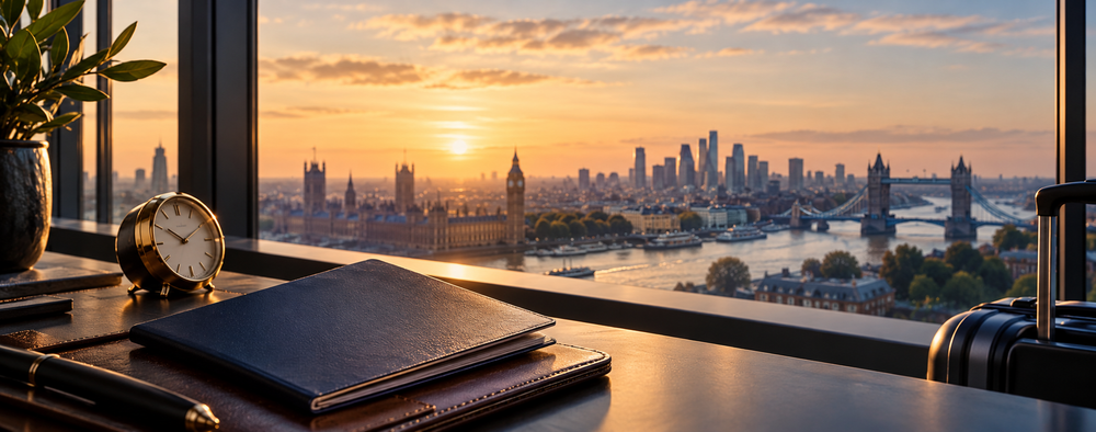 Warm London skyline at sunset viewed from an expat's travel desk with a clock and luggage