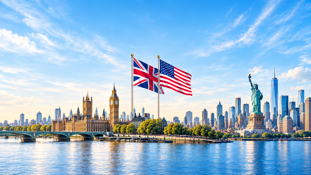 Panoramic illustration combining London's Houses of Parliament and Big Ben with New York's Statue of Liberty and skyline, beneath the UK and US flags.